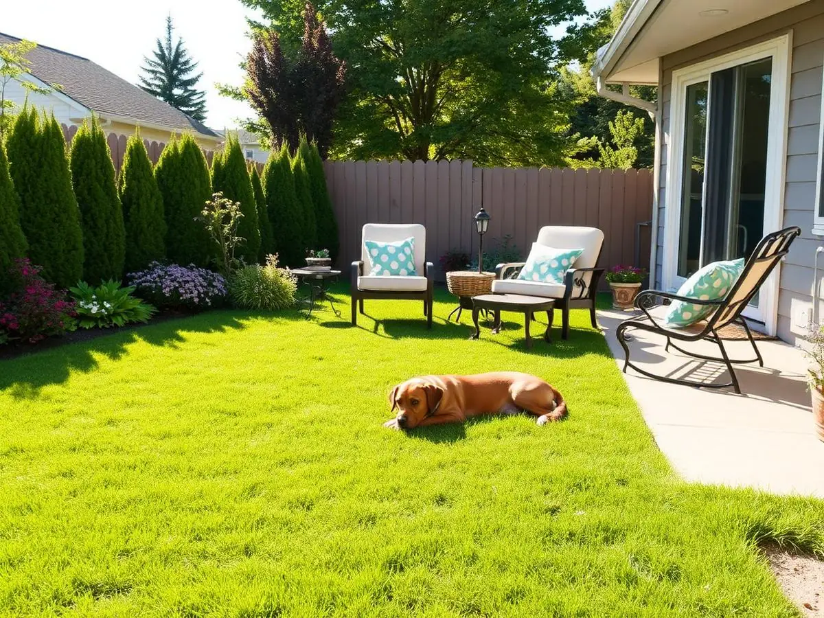 Freshly cleaned South Jersey backyard with a dog relaxing on the grass
