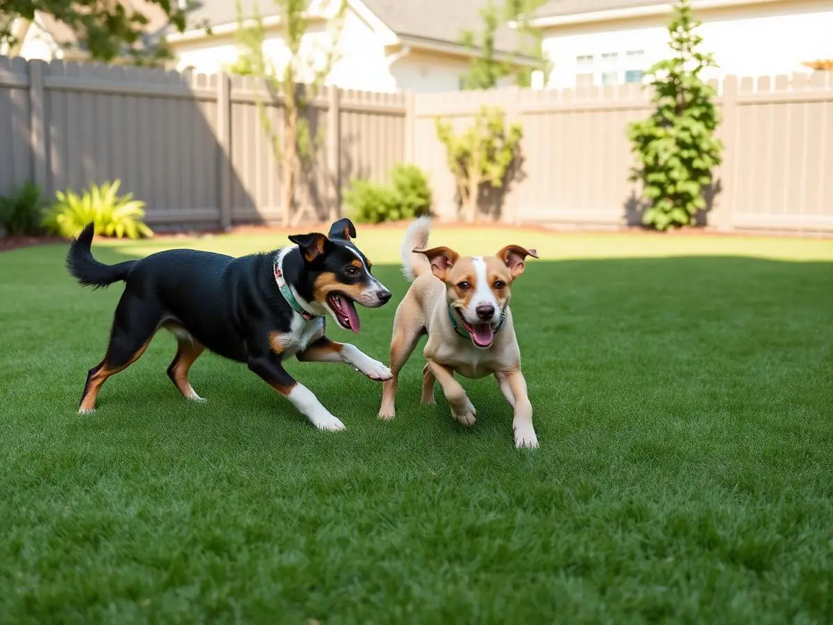Two dogs playing in a clean fenced backyard after pet waste removal